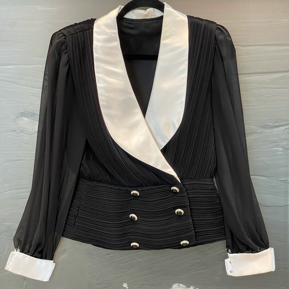 Vintage MISS ELLIETTE Dress Blk Chiffon/White Trim Formal Evening Long Gown Sz 6 - Picture 3 of 11